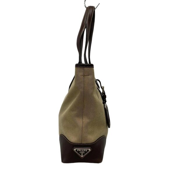 PRADA Logo Jacquard Beige Dark Brown Jacquard Leather Tote Bag 656-042725 - Picture 4 of 14